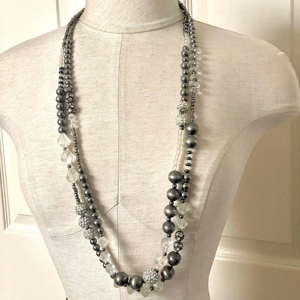 Long double stranded grey beaded necklace